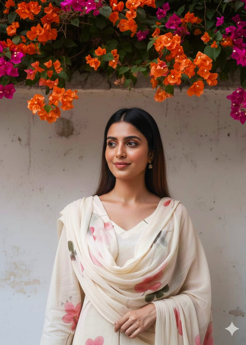 Miraya - Off white brush painted set (mul cotton lining given)