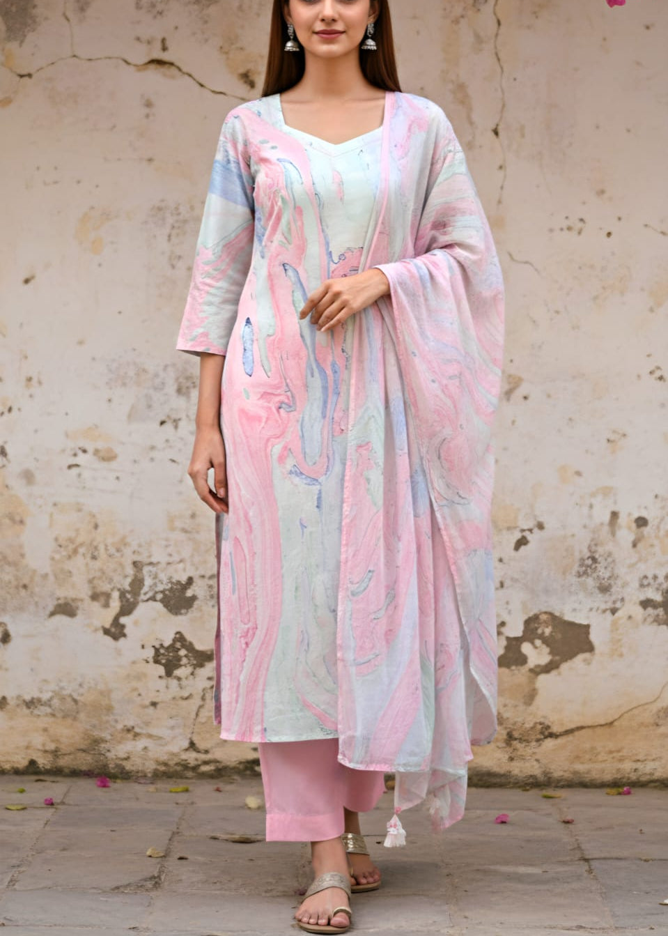 Geet - Pink Marble printed set