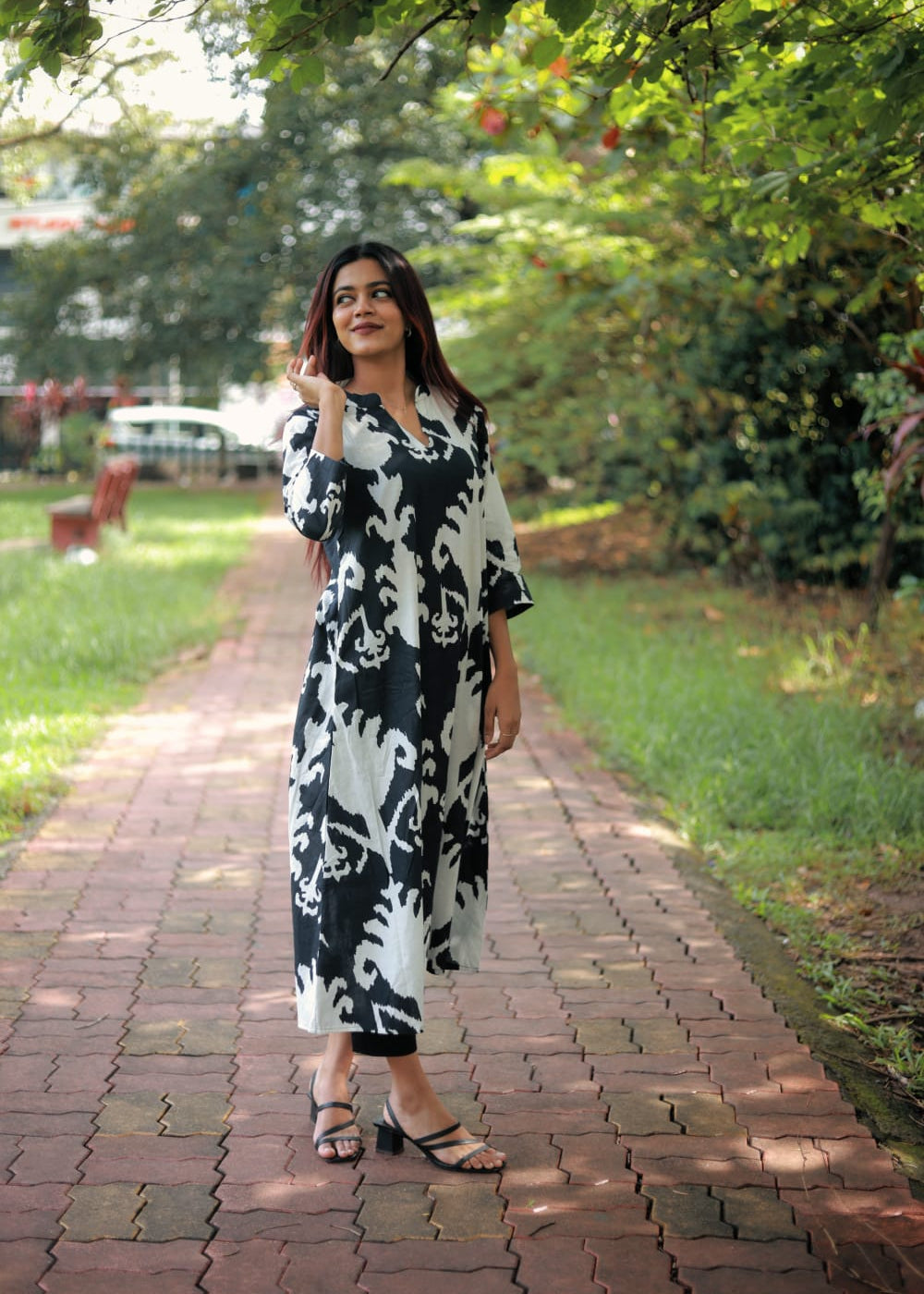 "ANVI" - the black and white pure cotton kurta cum dress