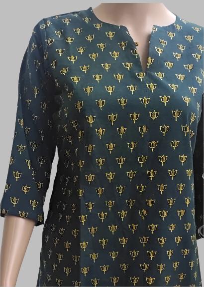 Bottle green pure Ajrak short top - Ethinic Work Wear front half profile