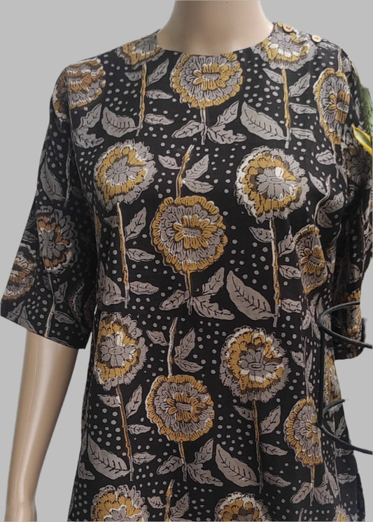 Black block printed pure cotton short kurta - Ethinic Work Wear front half profile