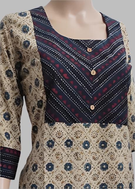 Beautiful beige pure handblocked natural dyed Ajrak kurti - Ethinic Work Wear front half profile