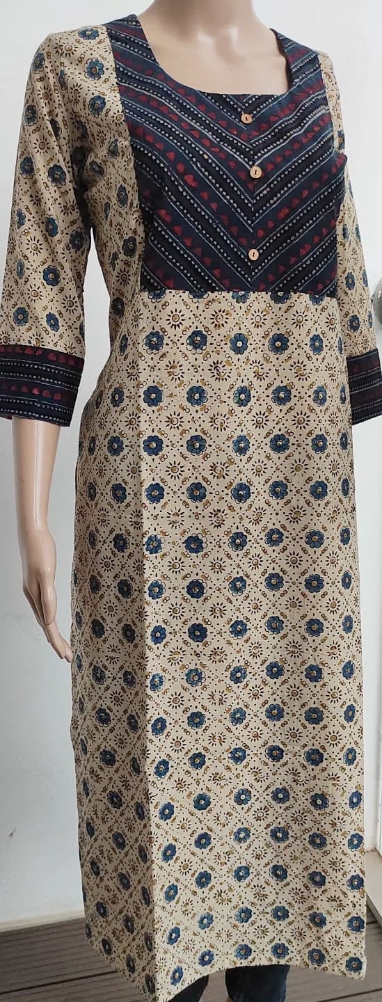 Beautiful beige pure handblocked natural dyed Ajrak kurti - Ethinic Work Wear front vertical front profile