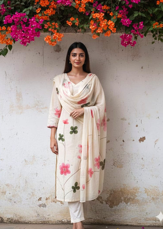 Miraya - Off white brush painted set (mul cotton lining given)