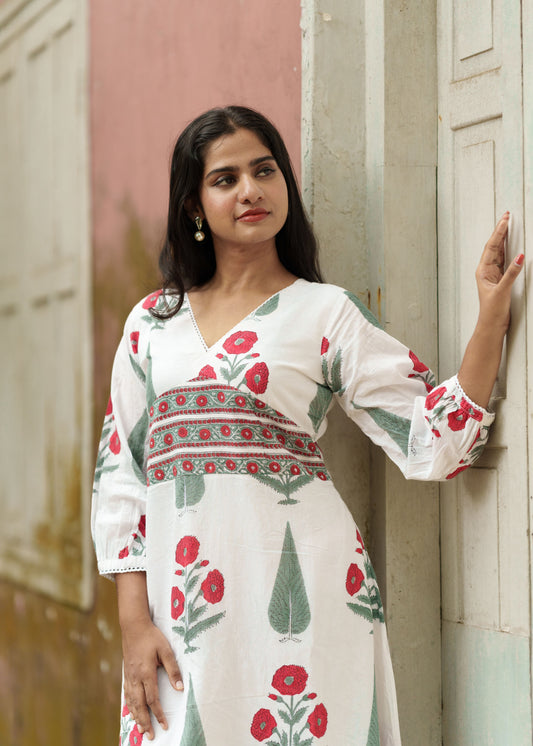 "Pari" - Mul cotton white Mughal printed frock