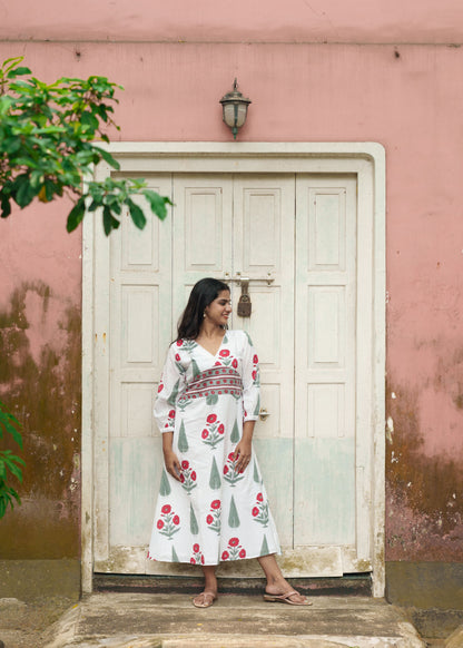 "Pari" - Mul cotton white Mughal printed frock