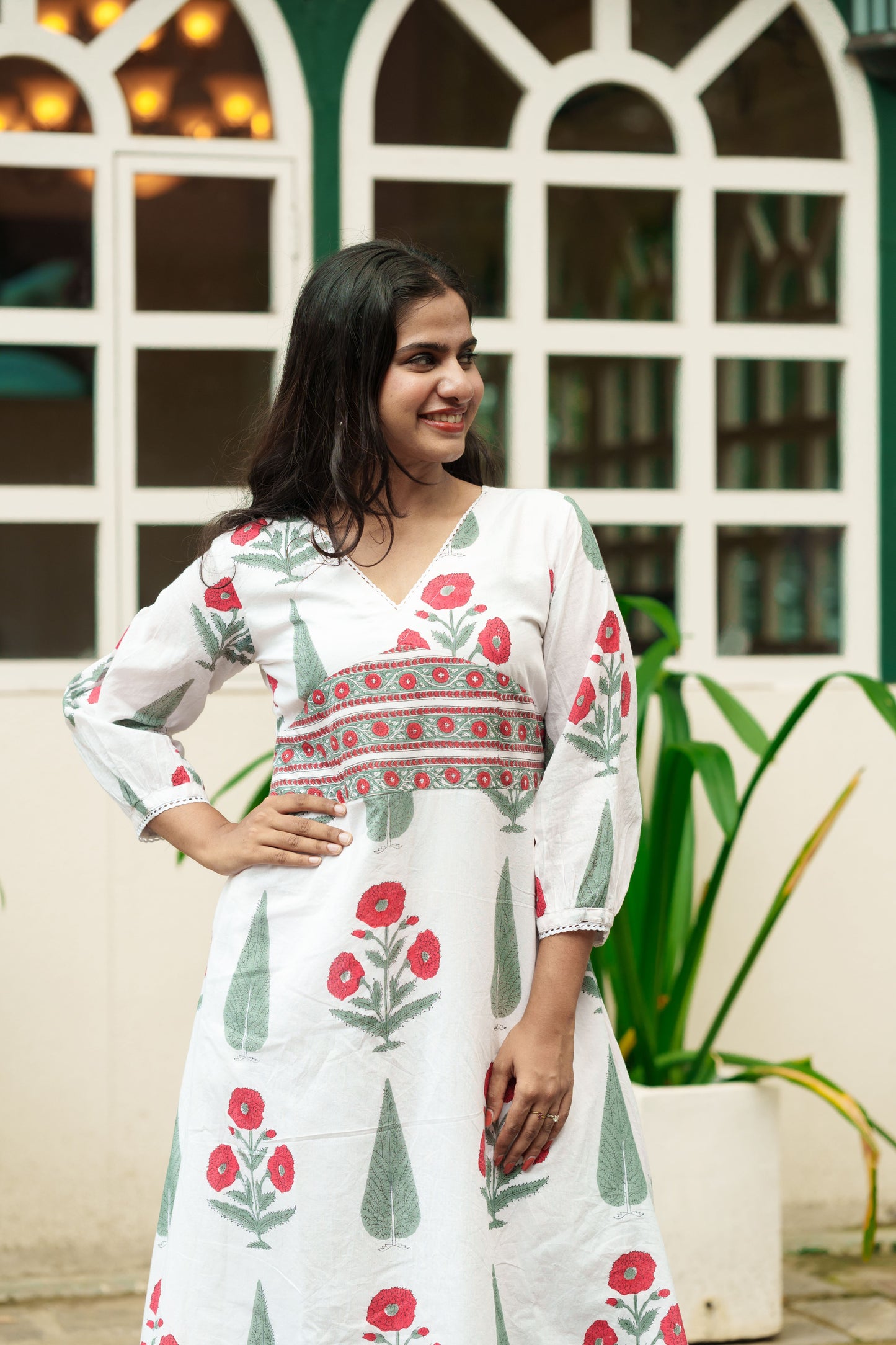 "Pari" - Mul cotton white Mughal printed frock
