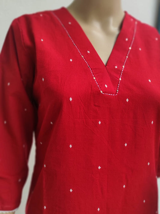 Red pure cotton v neck kurta