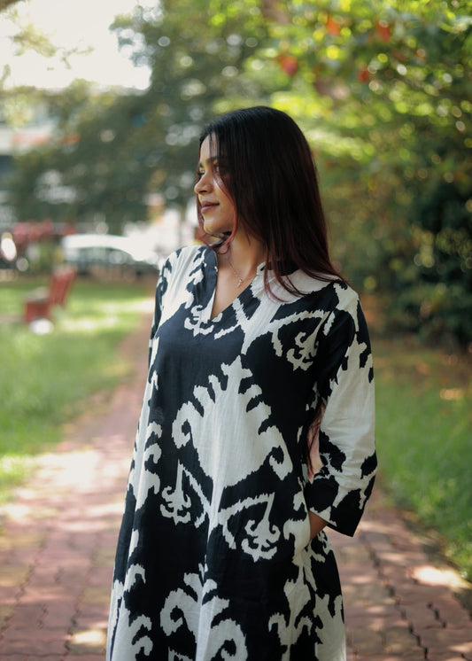 "ANVI" -  the black and white pure cotton kurta cum dress