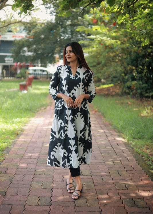 "ANVI" -  the black and white pure cotton kurta cum dress