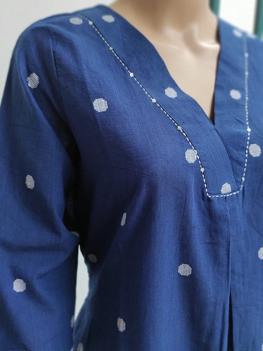 Blue soft cotton Aline kurta - Ethinic Work Wear front half profile
