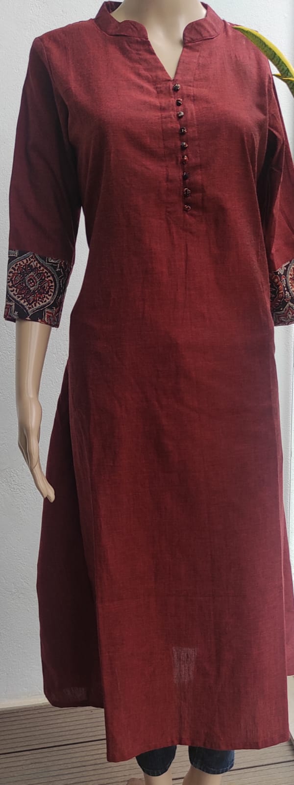 Brick Red to Marron Tone Pure Cotton Kurta - Ethinic Work Wear front vertical front profile