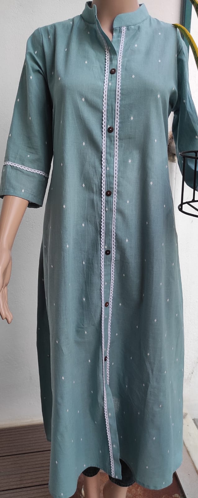 Ice blue pure cotton Aline kurta with lace detailing - Ethinic Work Wear front vertical front profile