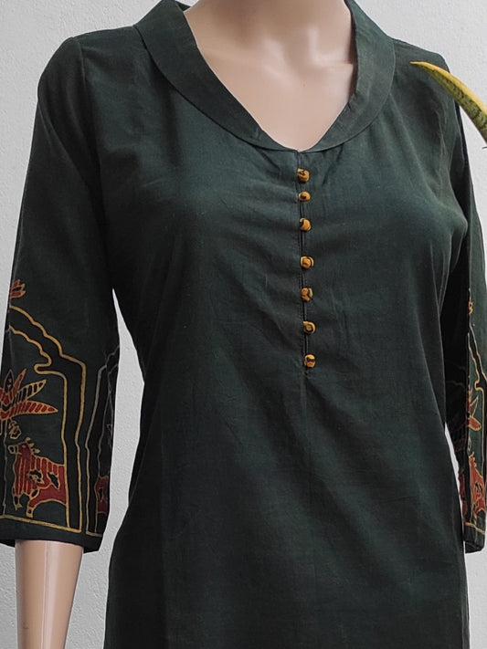 bottle green color Ajrak long cotton kurti - Ethinic Work Wear front half profile