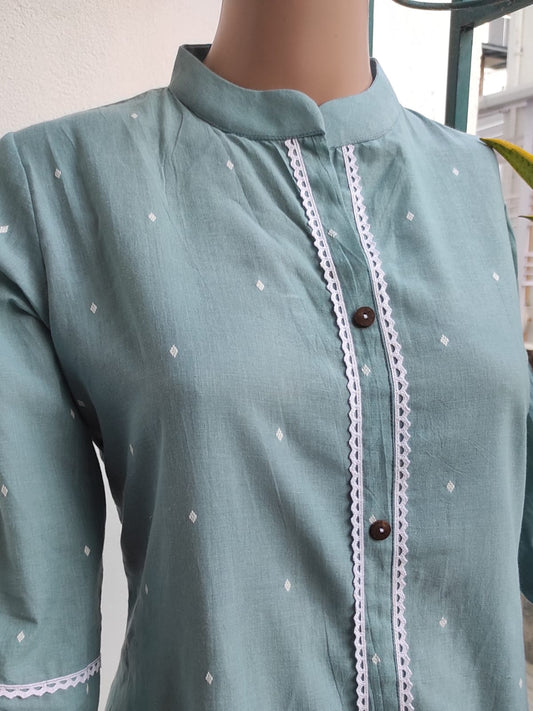 Ice blue pure cotton Aline kurta with lace detailing - Ethinic Work Wear front half profile