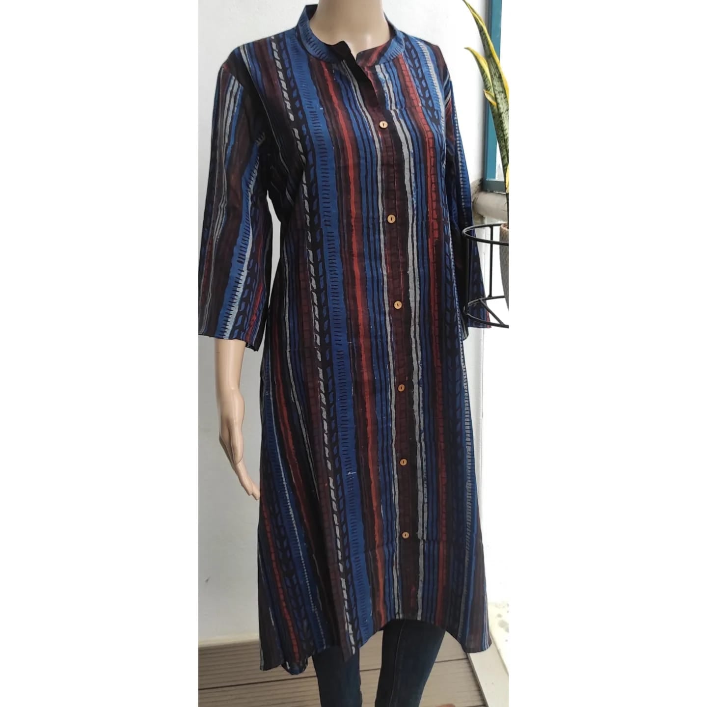 Blue toned Bagru Ajrak Aline long kurta in high low pattern - Ethinic Work Wear front vertical front profile