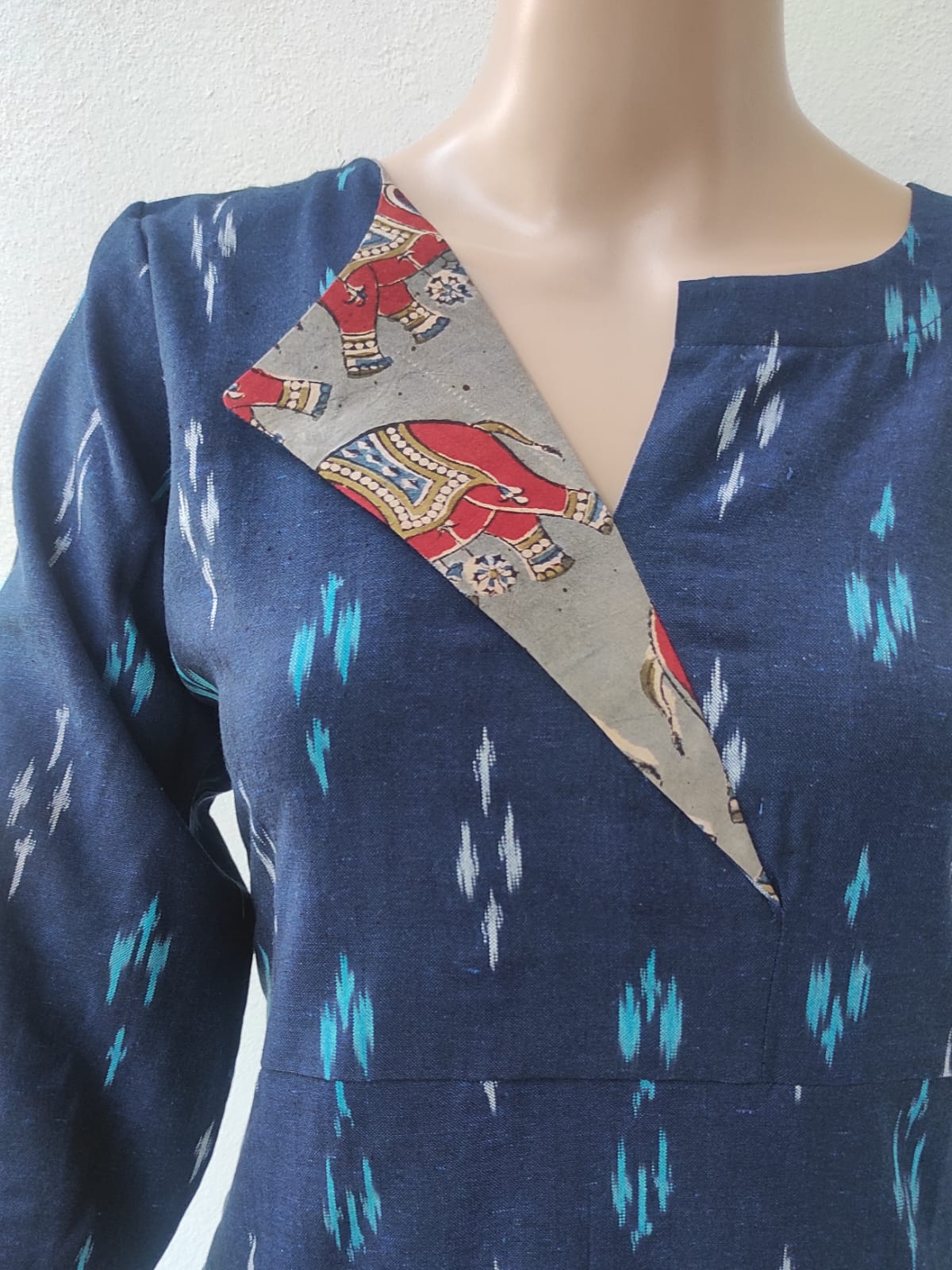 Blue Ikkat kurta with kalamkari patch