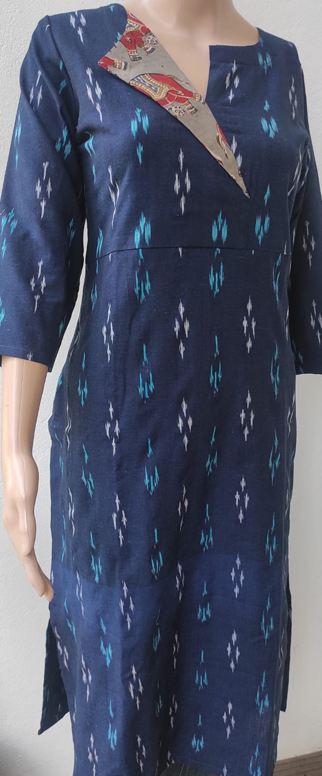 Blue Ikkat kurta with kalamkari patch