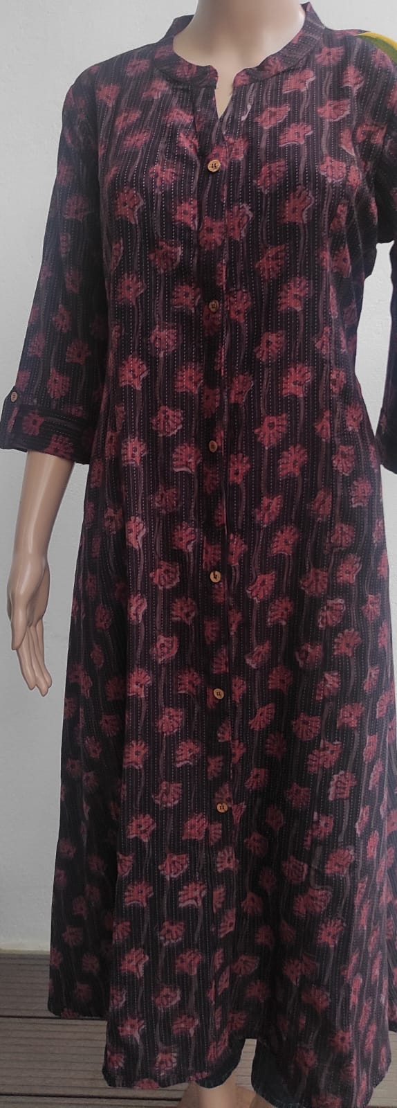 Black floral print princess cut Aline dress - Ethinic Work Wear front vertical front profile