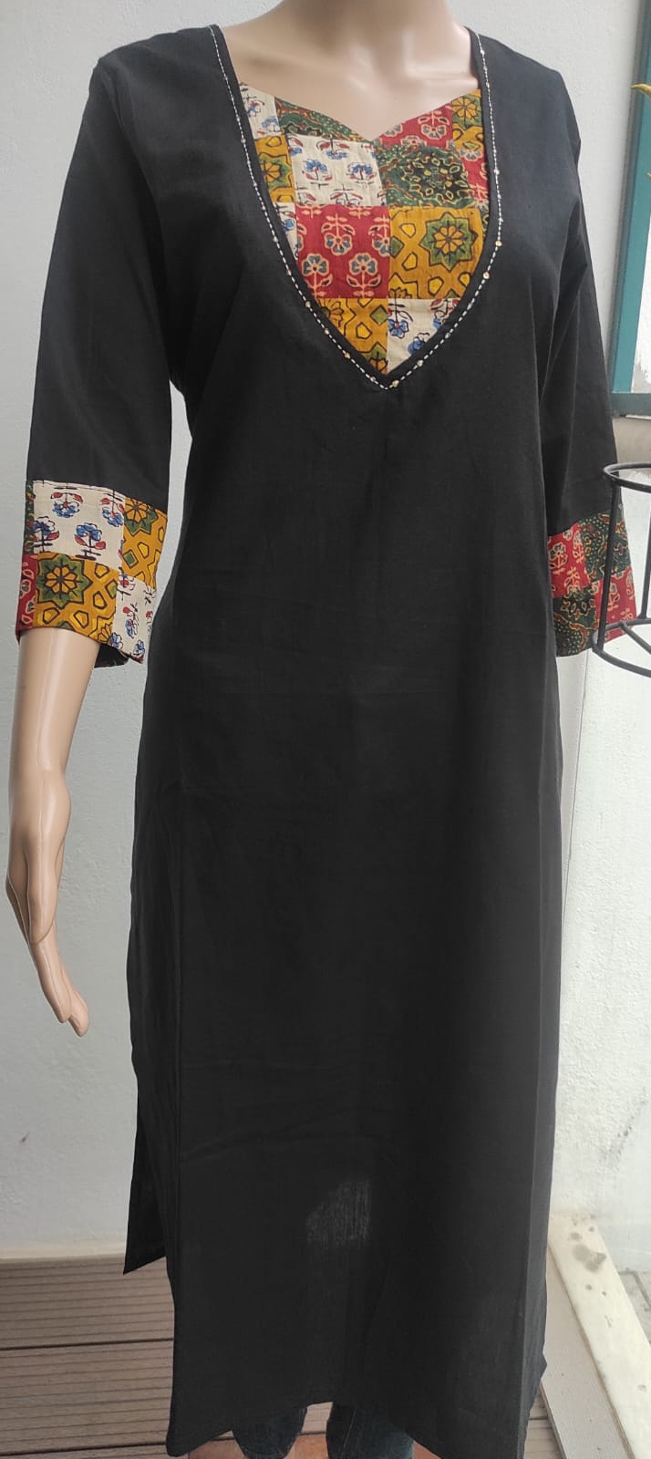 Black pure cotton kurta with Ajrak patch - Ethinic Work Wear front vertical front profile