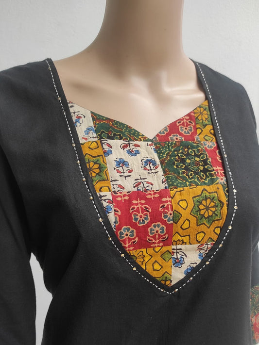 Black pure cotton kurta with Ajrak patch - Ethinic Work Wear front half profile