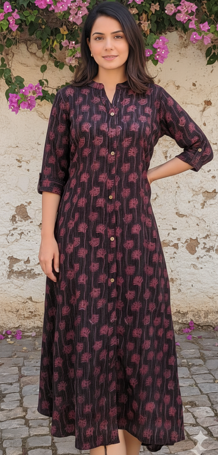 Black Floral Print Princess Cut Aline Dress