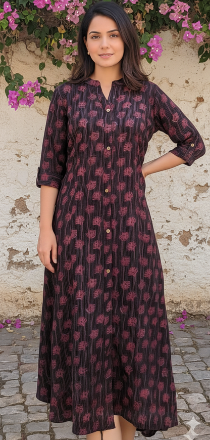 Black Floral Print Princess Cut Aline Dress