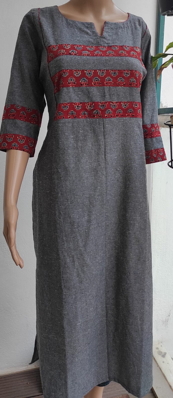 Grey Handloom Cotton Long Kurta - Ethnic Work Wear front vertical view profile