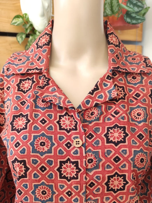 Brick red ajrak cotton long kurta - Ethinic Work Wear front half profile